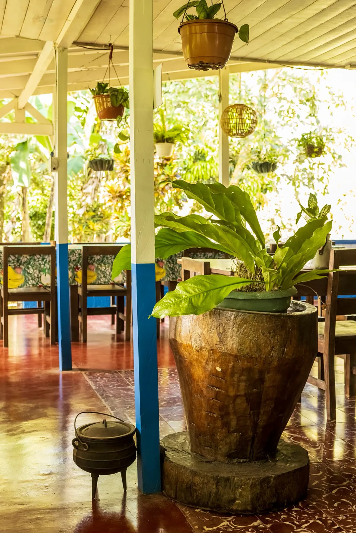 Rustic wooden mortar used as a planter and traditional three-legged pot