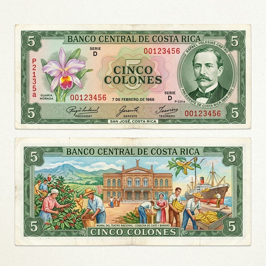 5 Colones bill D series with Rafael Yglesias Castro and Allegory of Coffee