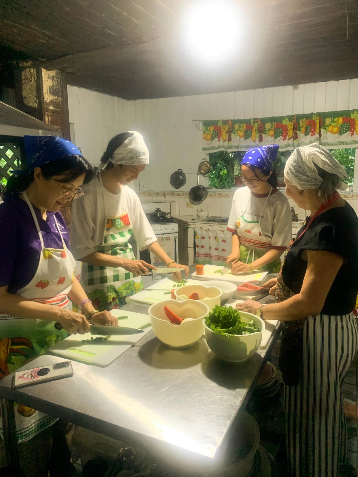 Group of visitors chopping fresh ingredients at the preparation table